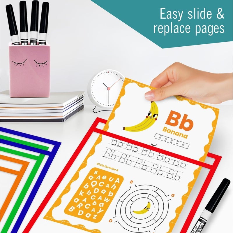 EXTRIC Dry Erase Pockets, 6 Plastic Sleeves, Marker Bundle with Assorted Color, for School or Work Order Tickets - Image 5